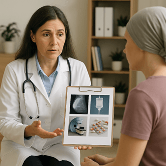 Doctor in a white coat explains medical test results to a patient, showing a clipboard with four medical images on it.
