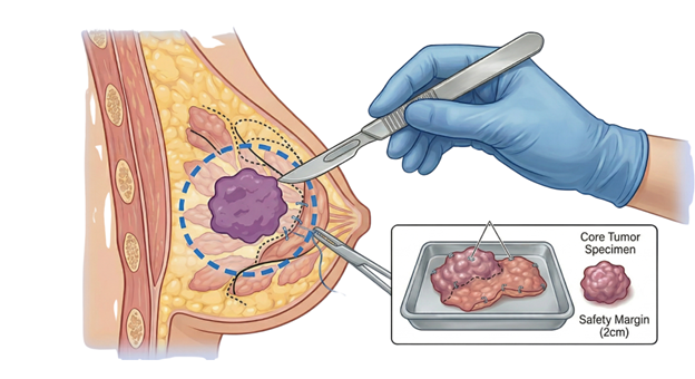 Picture5 | Dr Garvit Medical illustration of a breast with a lump being surgically removed for biopsy, showing a blue-dotted circle around the tumor and surgical tools in use.