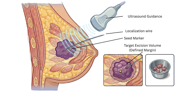 Picture6 | Dr Garvit Breast cancer lumpectomy diagram showing ultrasound guidance guiding a localization wire and seed marker to define the excision margin; insets show the seed placement and a collection container.