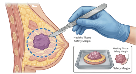 Picture7 | Dr Garvit Cross-section of breast during lumpectomy: surgeon removes a pink tumor with healthy tissue safety margin; inset shows the removed tissue on a tray.