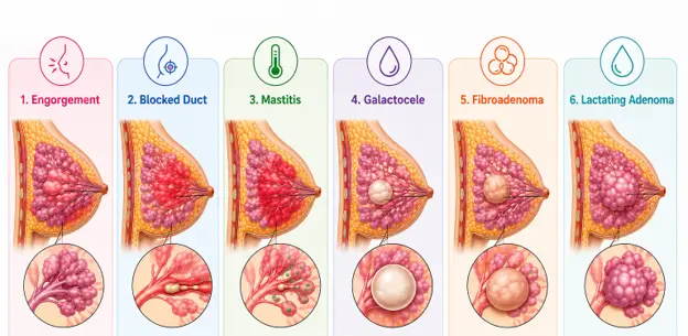 Infographic showing six breast conditions: Engorgement, Blocked Duct, Mastitis, Galactocele, Fibroadenoma, and Lactating Adenoma, with cross-section diagrams.